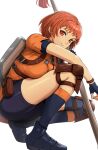  1girl black_footwear black_legwear black_shorts breasts fire_emblem fire_emblem:_three_houses fire_emblem_warriors:_three_hopes gonzarez highres knee_pads kneehighs large_breasts leonie_pinelli orange_eyes orange_hair orange_shirt pouch shirt shoes short_hair short_sleeves shorts simple_background solo thighs white_background 