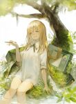  1girl bangs blonde_hair blue_eyes bottomless collared_shirt computer computer_tower feet_out_of_frame grass grin hand_up highres holding holding_stylus kemomin_nosuke long_hair looking_at_viewer monitor moss neck_ribbon no_pupils original outdoors plant ribbon shirt sitting smile soaking_feet solo stylus tree water white_background white_shirt 