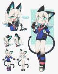  1girl :d absurdres animal_ear_fluff animal_ears animal_hands animal_nose aqua_eyes bangs blue_jacket blush cat_ears cat_girl claws commentary digitan_(porforever) drawstring electric_plug english_commentary fang fang_out furrification furry furry_female grin hair_between_eyes hand_on_hip headphones highres hood hood_down hooded_jacket jacket kneehighs long_hair long_sleeves looking_at_viewer making-of_available multiple_views open_mouth original partially_unzipped pawpads porforever power_symbol simple_background smile star-shaped_pupils star_(symbol) striped striped_legwear symbol-shaped_pupils tail tail_wagging whiskers white_background white_hair 