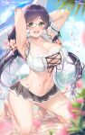  1girl arms_behind_head arms_up bangs beach bespectacled bikini blurry blurry_foreground blush breasts cleavage clothing_cutout covered_nipples cross-laced_clothes cross-laced_cutout flower glasses green_eyes highres hozumi_kaoru inflatable_toy kneeling large_breasts long_hair looking_at_viewer love_live! navel open_mouth petals pink-framed_eyewear purple_hair skirt sky smile swept_bangs swimsuit thighhighs thighs toujou_nozomi twintails very_long_hair zettai_ryouiki 