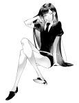  1other androgynous bangs black_footwear blunt_bangs collared_shirt colored_skin crossed_legs greyscale hand_in_own_hair houseki_no_kuni kyou_zuki lapis_lazuli_(houseki_no_kuni) legs long_hair monochrome necktie puffy_sleeves shiny shiny_hair shirt shoes shorts sitting smile straight_hair white_skin 