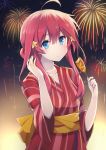  1girl absurdres ahoge arms_up blue_eyes collarbone corndog feng_mao_mc fireworks food go-toubun_no_hanayome gradient gradient_background hair_between_eyes hair_bun hair_ornament hand_in_hair head_tilt highres holding holding_food japanese_clothes kimono light_blush light_smile looking_at_viewer nakano_itsuki obi red_hair sash shiny shiny_hair sidelocks solo standing star star_hair_ornament striped striped_kimono upper_body yukata 