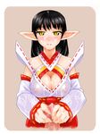  adapted_costume bad_id bad_pixiv_id bare_shoulders black_hair blush breasts brown_background censored cleavage cleavage_cutout cum cum_on_body cum_on_breasts cum_on_upper_body detached_sleeves facial hakama halterneck handjob hidebou japanese_clothes large_breasts lips long_hair long_sleeves looking_at_viewer miko nipples nose_blush penis phantasy_star phantasy_star_universe pink_background pointy_ears red_hakama see-through simple_background upper_body yellow_eyes 