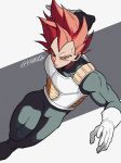  1boy armor dragon_ball dragon_ball_super dragon_ball_super_broly dutch_angle expressionless fighting_stance frown gloves grey_background highres leg_up looking_away male_focus outstretched_arms red_eyes red_hair serious shaded_face short_hair simple_background spiked_hair striped striped_background super_saiyan_god tama_azusa_hatsu twitter_username two-tone_background vegeta white_background white_gloves 