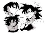  1boy armor black_hair broly_(dragon_ball_super) clone close-up dragon_ball dragon_ball_super_broly expressionless face from_above from_below frown greyscale highres jewelry looking_away male_focus monochrome necklace profile scar serious shaded_face simple_background spiked_hair tama_azusa_hatsu twitter_username upper_body white_background 