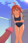  ahoge censored copyright_request crossed_arms leaning_forward mosaic_censoring nora_higuma one-piece_swimsuit penis penis_awe red_hair rooftop school_swimsuit short_hair solo_focus swimsuit thigh_gap wet 