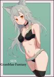  1girl animal_ears arms_behind_back bangs bare_shoulders bikini black_bikini black_collar black_legwear blush bow_bikini breasts character_name cleavage closed_mouth collar collarbone erune flower frilled_bikini frills granblue_fantasy grey_hair hair_between_eyes hair_flower hair_ornament highres long_hair long_sleeves looking_at_viewer medium_breasts navel orange_eyes sen_(granblue_fantasy) simple_background smile solo standing stomach swimsuit thighhighs uneg 