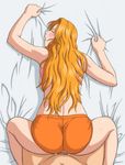  1girl ass bed bed_sheet bleach blush breast_press breasts censored closed_eyes crotchless_panties doggystyle hetero long_hair matsumoto_rangiku medium_breasts mosaic_censoring navel open_mouth orange_hair panties penis pov sex sheet_grab shirt_lift shorts sideboob solo_focus sweat tongue tongue_out underwear vaginal x_bokkis 