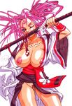  arm_up artist_request baiken breasts cleavage collarbone contrapposto cowboy_shot guilty_gear holding holding_sword holding_weapon japanese_clothes kataginu katana kimono large_breasts long_hair long_sleeves looking_at_viewer mismatched_pubic_hair mouth_hold nipples no_bra no_panties obi one-eyed open_clothes open_kimono pink_hair pubic_hair pussy red_eyes sash scabbard scar scar_across_eye sheath shiny shiny_hair shiny_skin simple_background solo standing sword tattoo tsurime unsheathing weapon white_background white_kimono wide_sleeves wristband 