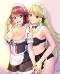  2girls apron bangs bare_shoulders blonde_hair blush breasts cleavage earrings eyebrows_visible_through_hair gem glowing hair_ornament headdress headpiece hikari_(xenoblade_2) homura_(xenoblade_2) jewelry large_breasts long_hair looking_at_viewer maid maid_apron maid_headdress multiple_girls nintendo ooshima_aki red_eyes red_hair see-through short_hair smile swept_bangs very_long_hair xenoblade_(series) xenoblade_2 yellow_eyes 