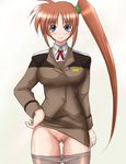  gununu_(pixiv) lyrical_nanoha mahou_shoujo_lyrical_nanoha_strikers military military_uniform no_panties panties pantyhose pencil_skirt ponytail skirt skirt_lift solo takamachi_nanoha tsab_ground_military_uniform underwear uniform 