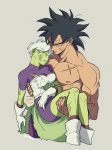  1boy 1girl armor black_hair boots broken_armor broly_(dragon_ball_super) carrying chirai crying crying_with_eyes_open dirty dirty_clothes dirty_face dragon_ball dragon_ball_super dragon_ball_super_broly eyes_closed female fingernails gloves grey_background highres injury looking_at_viewer muscle nipples no_humans scar shaded_face shirtless short_hair simple_background tama_azusa_hatsu tears twitter_username white_gloves white_hair yellow_eyes 