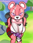  &lt;3 anthro bedroom_eyes big_breasts bow breasts clothed clothing cuddle_team_leader epic_games female fortnite fur hi_res looking_at_viewer mammal narrowed_eyes nipples outside partially_clothed pink_body pink_fur raviolisnake revealing_breasts seductive solo tongue tongue_out unzipped ursid video_games 
