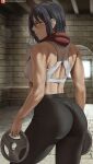  1girl ass back bare_arms bare_shoulders black_hair black_pants breasts brick_floor brick_wall closed_mouth contrapposto from_behind grey_eyes highres holding looking_at_viewer looking_back mikasa_ackerman pants pantylines red_scarf scarf shexyo shingeki_no_kyojin short_hair solo sports_bra toned weights white_sports_bra yoga_pants 