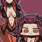  1girl ass_visible_through_thighs bangs black_choker bodysuit breasts breasts_apart brown_eyes cameltoe chibi choker cleavage collarbone commentary_request forehead hair_ornament hands_on_hips izayoi_aki jazz_jack long_hair lowres medium_breasts navel no_bra nude open_bodysuit parted_bangs red_background red_bodysuit red_hair solid_circle_eyes solo thigh_gap v-shaped_eyebrows yu-gi-oh! yu-gi-oh!_5d&#039;s 
