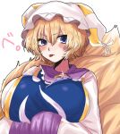  1girl :p absurdres bangs blonde_hair blue_eyes blush breasts dress eyebrows_visible_through_hair fox_tail gold_trim hair_between_eyes hands_in_opposite_sleeves hat highres huge_breasts kashiwara_mana long_sleeves looking_at_viewer multiple_tails pillow_hat short_hair solo tabard tail tongue tongue_out touhou upper_body white_dress yakumo_ran 