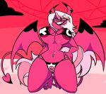  areola areola_slip big_breasts breasts demon detailed_background female genitals helluva_boss hi_res humanoid navel navel_piercing open_mouth open_smile piercing pink_body pixelzsinful pussy smile succubus teeth thick_thighs verosika_mayday_(helluva_boss) wide_hips 