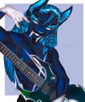  5_fingers abs anthro biceps blue_eyes bottomwear braided_hair clothed clothing colored_nails devil_horns_(gesture) digital_media_(artwork) electric_guitar fangs felid fingers fur fur_markings gesture girly guitar hair hi_res holding_object long_hair machairodontine male mammal markings muscular muscular_anthro muscular_male musical_instrument nails narrowed_eyes nipples open_mouth pecs piercing playing_guitar playing_music plucked_string_instrument sabertooth_(anatomy) simple_background smile solo standing string_instrument teeth topless umireomi white_body white_fur 