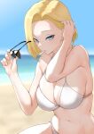  1girl adjusting_hair anagumasan android_18 bare_shoulders beach bikini blonde_hair blurry blurry_background breasts cleavage commentary dragon_ball dragon_ball_z earrings eyewear_removed gold_earrings halterneck hands_up highres holding holding_eyewear jewelry large_breasts looking_at_viewer medium_hair navel ocean sideboob skindentation sky solo stomach string_bikini sunglasses swimsuit upper_body white_bikini 