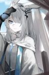  1girl animal_ear_fluff animal_ears ao_oni_(onioni-aoi) arknights black_gloves blue_eyes bright_pupils cloak frostnova_(arknights) gloves grey_hair hair_over_one_eye hand_on_own_head highres long_hair looking_at_viewer parted_lips rabbit_ears smile solo sparkle upper_body 