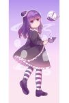  1girl bangs black_dress blackberry_cookie bow brooch candle cookie_run dress eyebrows_visible_through_hair frilled_dress frills full_body ghost gothic_lolita haikumo hair_ornament highres jewelry juliet_sleeves layered_dress lolita_fashion long_sleeves looking_at_viewer parted_lips puffy_sleeves purple_eyes purple_footwear purple_hair short_hair simple_background solo striped striped_legwear transparent_background white_bow 