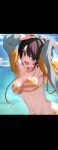  1girl absurdres arms_up beach bikini blue_eyes breasts brown_hair cloud commentary_request eyebrows_visible_through_hair hairband highres hololive jacket letterboxed looking_at_viewer mikaku navel ocean oozora_subaru open_mouth polka_dot short_hair sky solo striped striped_bikini sweat swimsuit vertical_stripes virtual_youtuber water 