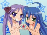  2girls blue_eyes closed_mouth couple duplicate flat_chest gobera heart heart_hands hiiragi_kagami izumi_konata lucky_star mole mole_under_eye multiple_girls nipples pixel-perfect_duplicate purple_hair smile star_(symbol) yuri 