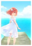  1girl bell brown_eyes brown_hair cloud dress from_behind grin hair_ornament highres jingle_bell looking_back motoori_kosuzu ocean outdoors sen1986 short_hair sky smile solo sundress touhou two_side_up water white_dress wind wind_lift 