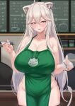  1girl ahoge animal_ears apron blurry blurry_background breasts collarbone cream_cod cup fangs green_apron grey_eyes hair_between_eyes highres holding holding_cup holding_marker hololive large_breasts lion_ears lion_girl lion_tail long_hair looking_at_viewer marker naked_apron parted_lips shishiro_botan smile solo tail virtual_youtuber white_hair 