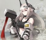  1girl arknights bangs bare_shoulders black_gloves breasts cleavage closed_mouth collar collarbone eyebrows_visible_through_hair gloves grey_background grey_hair hair_between_eyes hair_ornament holding holding_weapon horns infection_monitor_(arknights) large_breasts long_hair long_sleeves looking_at_viewer mudrock_(arknights) navel oripathy_lesion_(arknights) pointy_ears red_eyes solo sports_bra upper_body very_long_hair weapon yu-ves 