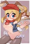  1girl absurdres bangs bare_shoulders blonde_hair blue_eyes blush_stickers border breasts brown_background closed_mouth commentary eyebrows_visible_through_hair eyelashes female_pubic_hair food glasses hand_up hat highres holding holding_plate leah_(pokemon) meme_attire navel nipples outline plate poke_ball_print pokemon pokemon_cafe_mix ponytail pubic_hair red-framed_eyewear red_headwear reverse_bunnysuit reverse_outfit solo sweelan white_border 