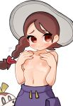  1girl absurdres bangs blush braid breasts brown_eyes brown_hair closed_mouth collarbone embarrassed eyelashes female_protagonist_(pokemon_sv) flying_sweatdrops fuecoco grey_headwear hands_up hat highres long_hair looking_away navel nipples pokemon pokemon_(creature) pokemon_(game) pokemon_sv purple_shorts shiny shiny_skin shorts sweelan tearing_up topless white_background 