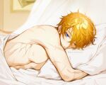  1boy bare_shoulders bed_sheet blue_eyes english_commentary eriimyon genshin_impact highres indoors looking_at_viewer male_focus muscular muscular_male nipples one_eye_closed orange_hair pillow scar scar_on_arm scar_on_back smile solo tartaglia_(genshin_impact) tattoo twitter_username under_covers waking_up 