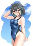  1girl 774_inc. absurdres animare bangs black_hair blue_hair blue_sky blue_swimsuit breasts cloud commentary_request competition_swimsuit cowboy_shot glasses green_eyes hair_flaps highres looking_at_viewer medium_breasts multicolored_hair one-piece_swimsuit oura_rukako sheryama short_hair sky solo streaked_hair swimsuit virtual_youtuber white_hair 