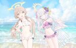  2girls absurdres azusa_(blue_archive) azusa_(swimsuit)_(blue_archive) bare_arms bare_legs beach bikini blue_archive blurry blurry_background brown_hair cloud commentary_request cowboy_shot day depth_of_field frilled_bikini frills hair_ornament halo hifumi_(blue_archive) hifumi_(swimsuit)_(blue_archive) highres long_hair looking_at_viewer multiple_girls navel ocean open_mouth pink_bikini pink_eyes reaching_out sand sky smile standing swimsuit troll_z0r twintails water white_bikini white_hair white_legwear white_wings wings yellow_eyes 