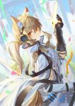  1girl animal_ear_fluff animal_ears arknights banner black_gloves blonde_hair coat confetti energy_weapon from_side gloves hand_up headset highres horse_ears horse_girl horse_tail implied_extra_ears lens_flare long_hair looking_at_viewer low_ponytail luren_max nearl_(arknights) nearl_the_radiant_knight_(arknights) orange_eyes ponytail smile solo tail white_coat 