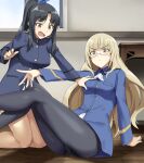  2girls bare_legs black_hair blonde_hair blue_jacket blush bnc_(bunshi) brown_eyes crotch_seam eyebrows_visible_through_hair glasses hattori_shizuka jacket long_hair military military_uniform multiple_girls neckerchief panties panties_under_pantyhose pantyhose perrine_h._clostermann ponytail strike_witches underwear uniform white_panties world_witches_series yellow_eyes 