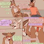 1:1 absurd_res anthro antlers balls bottomwear brown_body brown_fur canid canine canis cantio_(lawyerdog) cervid cervine clothed clothed/nude clothed_male_nude_male clothing collar comic dialogue english_text facial_markings foreskin fur genitals group head_markings hi_res horn humanoid_genitalia humanoid_penis lawyerdog looking_at_genitalia looking_at_penis maki_(lawyerdog) male male/male mammal maned_wolf markings nude panko_(lawyerdog) partially_retracted_foreskin penis public public_exposure shirt snout text topwear wolf 