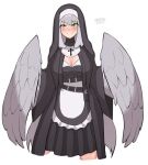  1girl artist_name bangs blush breasts cleavage commission freddyhalloween grey_feathers grey_hair grey_wings habit highres large_breasts long_hair looking_at_viewer nun original simple_background smile solo white_background winged_arms wings yellow_eyes 