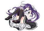  1girl alternate_costume bangs black_footwear black_legwear black_ribbon black_skirt black_sleeves date_a_live enmaided eyebrows_visible_through_hair full_body hair_between_eyes highres legs_up long_hair lying maid neck_ribbon night_knife on_back open_mouth panties pantyshot purple_eyes purple_hair ribbon short_sleeves simple_background skirt solo thighhighs underwear very_long_hair white_background white_panties yatogami_tooka 