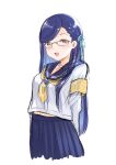  1girl :d alternate_costume armband bangs black-framed_eyewear blue_hair blue_ribbon blue_sailor_collar blue_skirt blush collared_shirt cropped_legs glasses hair_ribbon highres honzuki_no_gekokujou long_hair long_sleeves looking_at_viewer maine_(honzuki_no_gekokujou) neckerchief open_mouth pleated_skirt ribbon sailor_collar sailor_shirt school_uniform serafuku shiny shiny_hair shirt simple_background sketch skirt smile solo standing swept_bangs very_long_hair white_background white_shirt yellow_eyes yellow_neckerchief yumeha_tseru 