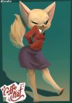  2022 aggressive_retsuko anthro barefoot black_eyes bottomwear canid canine clothed clothing coffekitten feet female fennec fenneko fox full-length_portrait fur green_background hands_behind_back hi_res looking_at_viewer mammal one_eye_closed portrait red_clothing red_topwear sanrio simple_background skirt solo standing tan_body tan_fur topwear wink 