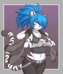  2019 5_fingers anthro belt biped black_stripes blue_eyebrows blue_eyes blue_hair border bottomwear clothed clothing coat crop_top cute_fangs digital_drawing_(artwork) digital_media_(artwork) dipstick_tail dobrota eyebrows eyelashes felid female fingers fur grey_border hair hair_over_eye hi_res long_hair long_tail mammal markings multicolored_ears navel one_eye_obstructed pantherine pants pink_nose ponytail portrait pupils purple_background shirt simple_background slit_pupils solo standing striped_body striped_ears striped_fur striped_markings striped_tail stripes tail_markings tank_top three-quarter_portrait tiger topwear two_tone_ears two_tone_tail whiskers white_body white_ears white_fur white_inner_ear wraps wrist_wraps 