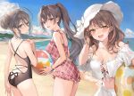  3girls ahoge arm_behind_back ass back ball bangle bangs beachball bikini black_eyes black_ribbon black_swimsuit blue_eyes blush bow bracelet breasts brown_hair cleavage cloud cowboy_shot crossed_bangs flower frilled_bikini frills front-tie_top hair_between_eyes hair_bun hair_flower hair_ornament hand_in_own_hair hat holding holding_ball holding_beachball holding_innertube innertube jewelry kimishima_ayano long_hair looking_at_viewer mariya_mikhailovna_kujou medium_breasts midriff momoko_(momopoco) multiple_girls navel ocean off-shoulder_bikini off_shoulder one-piece_swimsuit open_mouth orange_eyes outdoors parted_lips ponytail raised_eyebrows ribbon sand sidelocks sky smile suou_yuki swimsuit thighs tokidoki_bosotto_roshia-go_de_dereru_tonari_no_arya-san white_bikini white_headwear 