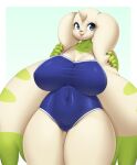  2022 absurd_res anthro bandai_namco clothed clothing digimon digimon_(species) digital_media_(artwork) eyebrows female fingers front_view hi_res horn long_ears mammal mleonheart one-piece_swimsuit simple_background solo swimwear terriermon tongue tongue_out 