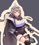  &gt;:) 1girl absurdres arknights arm_up belt black_cape black_footwear black_shorts blush boots breasts brown_eyes brown_hair cape closed_mouth fartooth_(arknights) feather_hair feet_out_of_frame gauntlets high-waist_shorts highres holding holding_weapon large_breasts long_hair long_sleeves looking_at_viewer onpa_(onpa_sound) quiver shirt shorts smile smug solo sword thigh_boots thigh_strap v-shaped_eyebrows very_long_hair visor_(armor) weapon white_shirt 