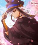  1boy adjusting_clothes adjusting_headwear androgynous animal_ears animal_hat bishounen black_choker black_gloves black_headwear bridal_gauntlets cabbie_hat cherry_blossoms choker cyno_(genshin_impact) dark-skinned_male dark_skin genshin_impact gloves hair_over_one_eye hat hutaba_29 jackal_ears long_hair long_sleeves looking_at_viewer male_focus orange_eyes outdoors white_hair wide_sleeves 