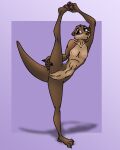  anthro anus breasts brown_body brown_fur dizzyvixen feet female fur genitals hi_res juniper_(dizzyvixen) lutrine mammal mustelid nipples nude pawpads paws purple_eyes pussy simple_background small_breasts solo stretching 