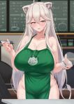  1girl ahoge animal_ears apron blurry blurry_background breasts collarbone cream_cod cup fangs green_apron grey_eyes hair_between_eyes highres holding holding_cup holding_marker hololive large_breasts lion_ears lion_girl lion_tail long_hair looking_at_viewer marker naked_apron parted_lips shishiro_botan smile solo tail virtual_youtuber white_hair 