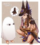  1boy animal_ears animal_hat arabian_clothes belt black_choker black_gloves black_headwear bridal_gauntlets choker cyno_(genshin_impact) dark-skinned_male dark_skin fate/grand_order fate_(series) genshin_impact gloves hat hutaba_29 jackal_ears long_hair looking_at_another male_focus medjed_(fate) orange_eyes short_sleeves white_hair 